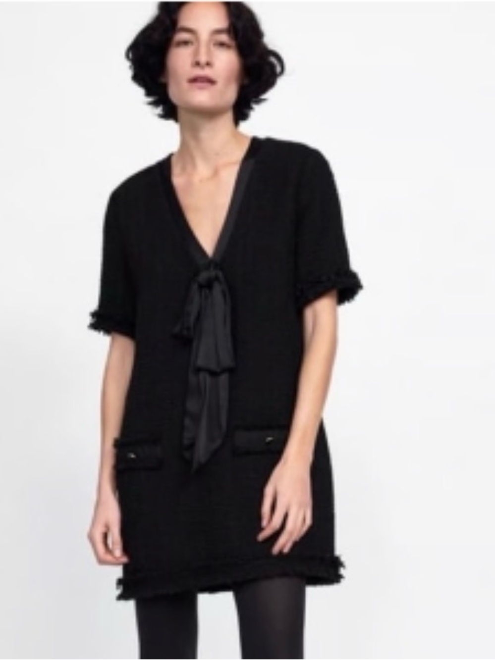 Zara Black Tweed Mini Dress XS Satin Bow Tie Fringe Short Sleeve Quiet Luxury